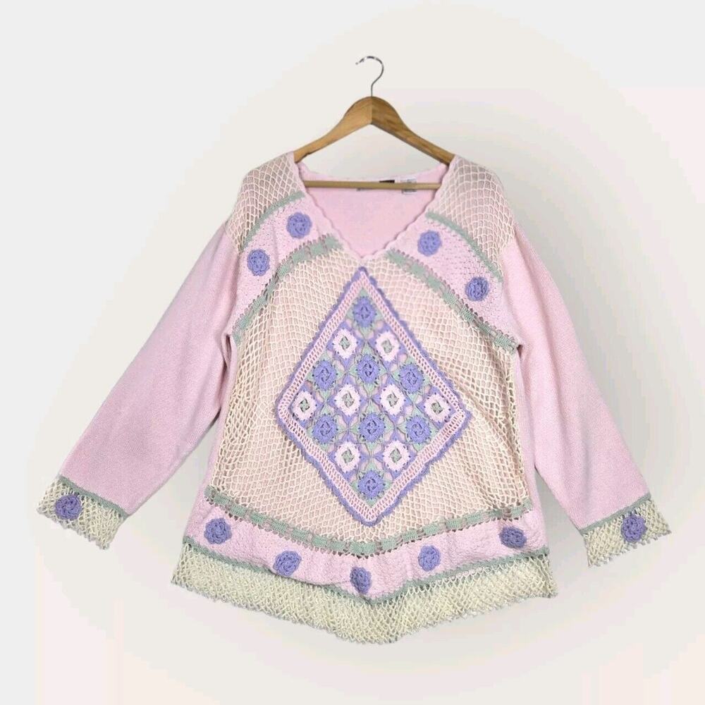 VTG Jamie S Casuals Sweater Sz 1X Pink Purple Cottagecore Boho Beaded Crochet